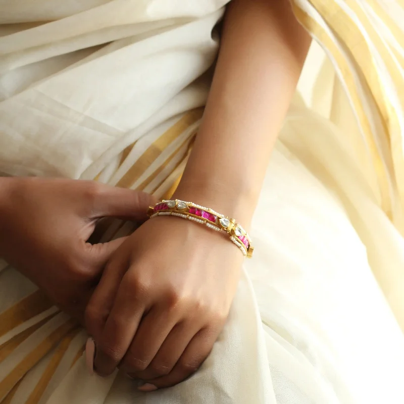 Silver Bangles with Garnet-Silver Gold Plated Red Jadau Bangle ( Single)