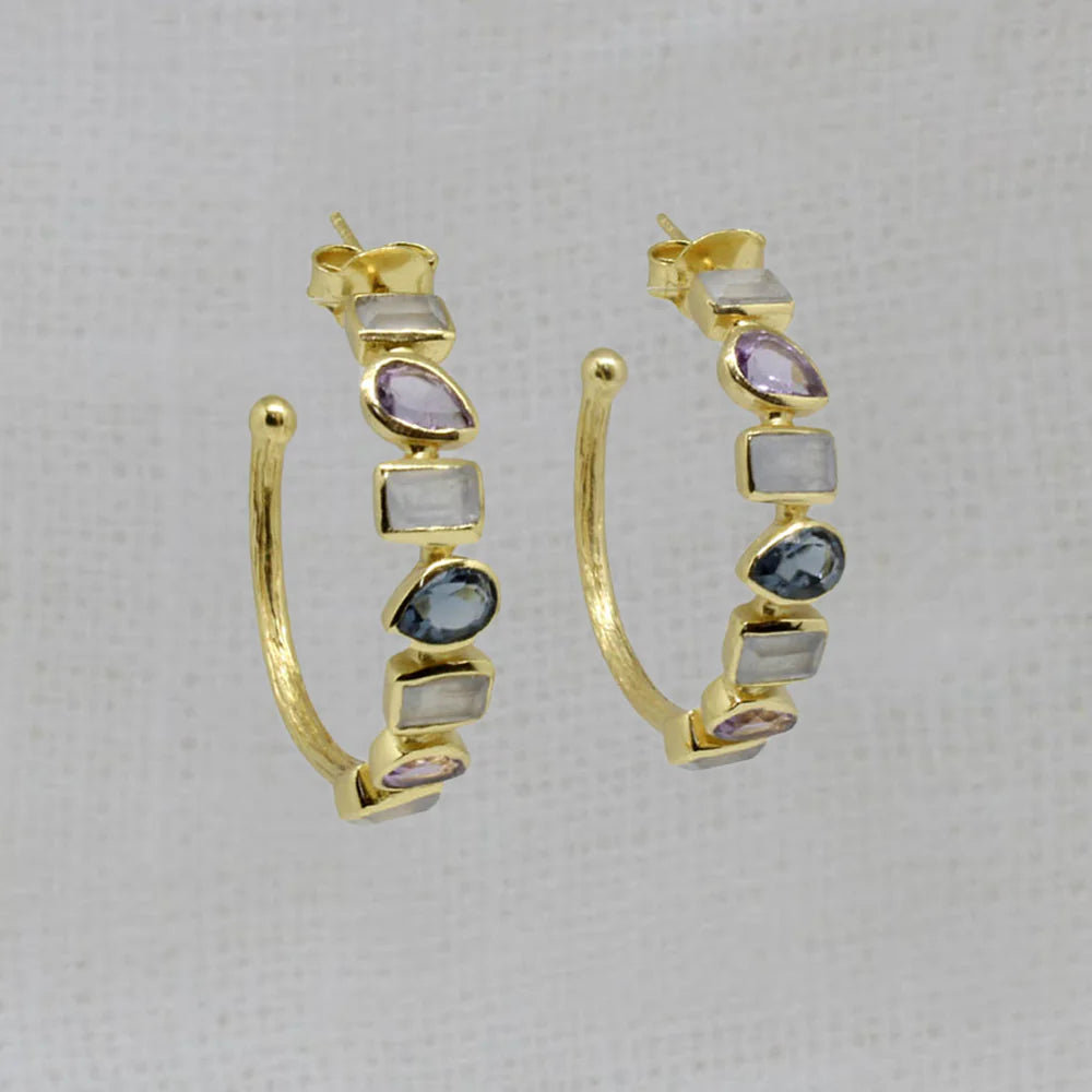 Diamond Cluster Earrings-18ct Gold Vermeil Blue Chalcedony Amethyst Kyanite Hoop Earrings