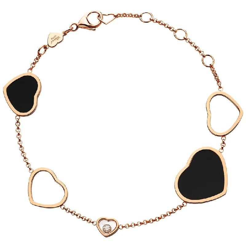 Stylish Bangles Bracelets-18ct Rose Gold Black Onyx Happy Hearts & Diamond Bracelet