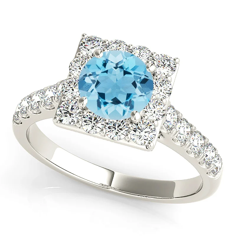 Fancy Engagement Ring-1.10 ct. Genuine Aquamarine Ring With Square Halo And Diamond Band