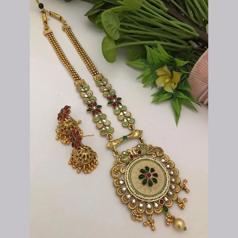 Delicate Gold Chain Necklace-FS Collection Gold Plated Kundan Stone Long Necklace Set