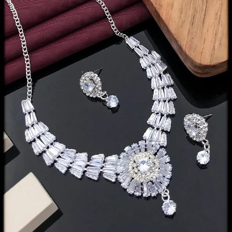 Dainty Silver Necklace-Akruti Collection Silver Plated Crystal Stone Necklace Set