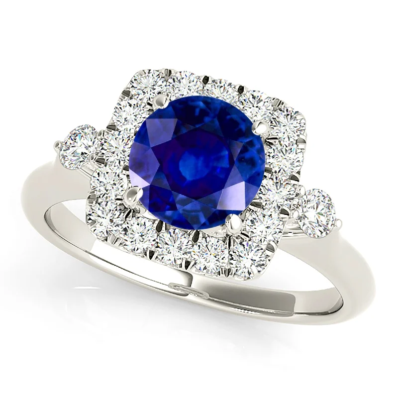 Unique Men's Ring-2.40 ct. Genuine Blue Round Sapphire Ring Cushion Halo Style