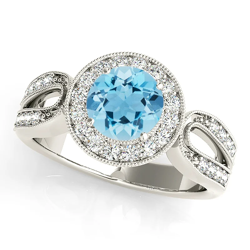 Personalized Gemstone Ring-1.75 ct. Genuine Aquamarine Ring With Milgrain Halo, Open Rounded Diamond Band