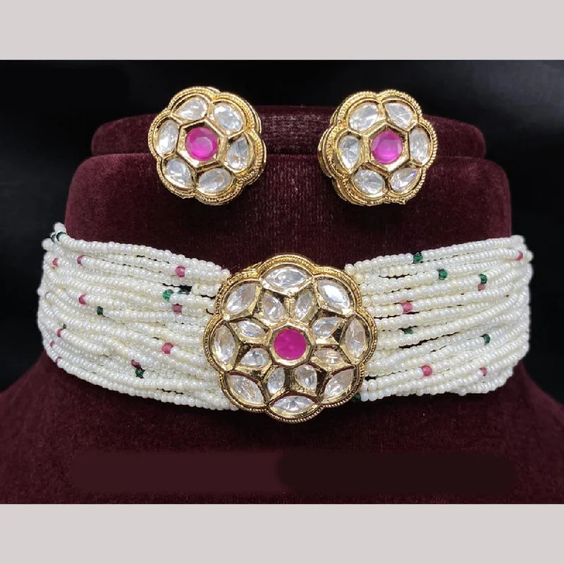 Personalized Silver Necklace-Amoliya Jewels Gold Plated Polki Kundan Stone And Pearls Choker Necklace Set