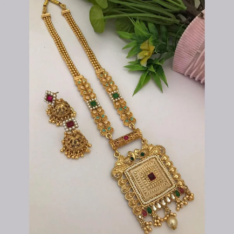 Bold Crystal Necklace-FS Collection Gold Plated Kundan Stone Long Necklace Set