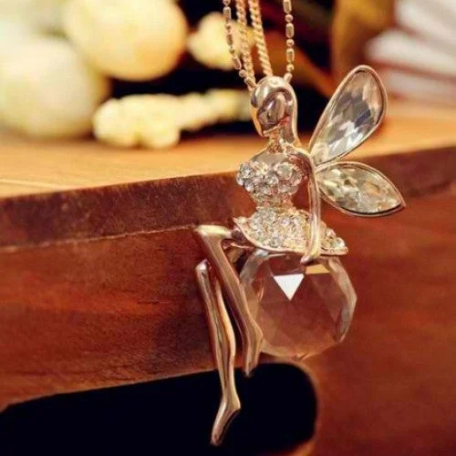 Simple Pendant Necklace-18K Gold Plated Austrian Crystal Angel Fairy Necklace