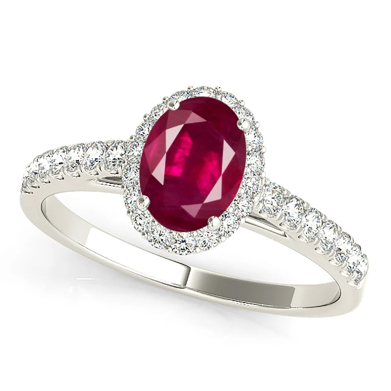 Simple Diamond Ring-1.55 ct. Genuine Oval Ruby Ring With Halo And Delicate Diamond Band