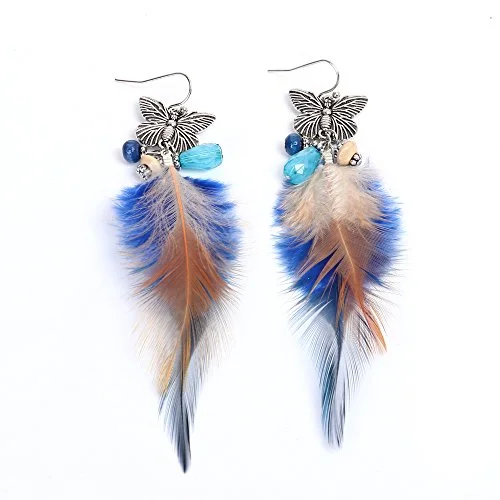 Butterfly Gold Earrings-SEXY SPARKLES Dangling Genuine Natural long Hand Made Feathers Earrings for Women and Teen