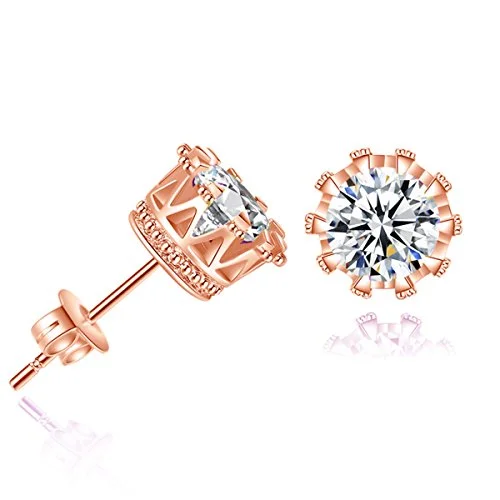 Wedding Party Earrings-Sexy Sparkles Copper Ear Stud Earrings Cubic Zirconia Inlaid Crown 9mm Rose Gold Tone