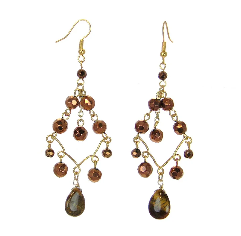 Elegant Sapphire Earrings-Beaded Chandelier Earrings, Tiger's Eye & Beads