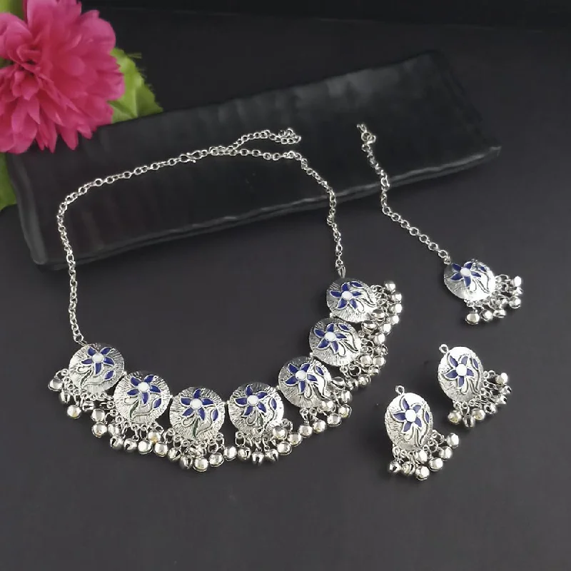 Custom Birthstone Jewelry Necklace-Kriaa Oxidised Plated Blue Meenakari Necklace Set With Maang Tikka - 1116014D