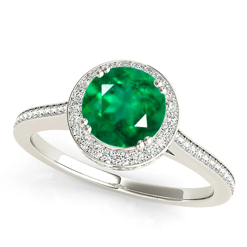 Delicate Silver Ring-2.00 ct. Genuine Emerald Halo Ring With Halo Side Diamonds