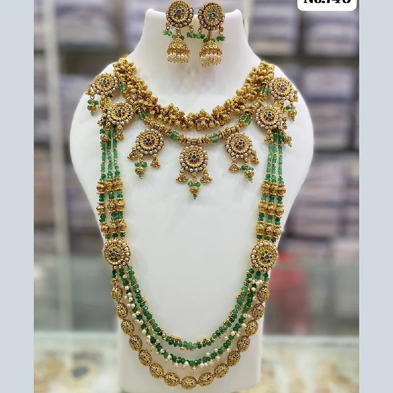 Celebrity Style Necklace-JCM Gold Plated Pota Stone And Pearls Double Necklace Set