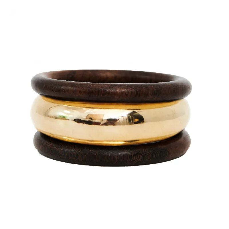 Round Gold Bangles-Bangles - GOLD Electroplated Wood/Dark wood mix set of 3