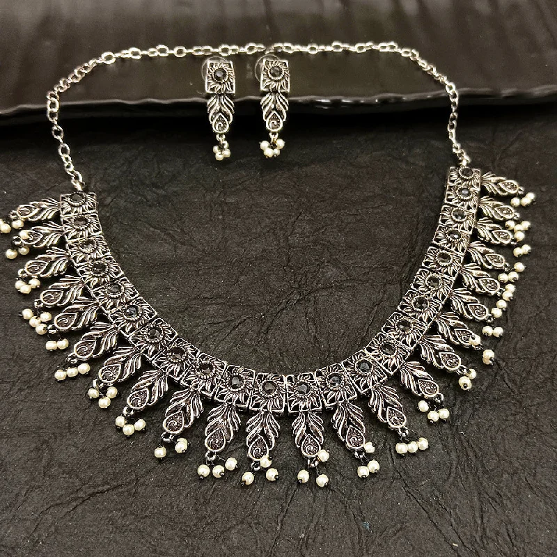 Classy Silver Necklace-Deep Jewell Oxidised Plated Pearl Necklace Set