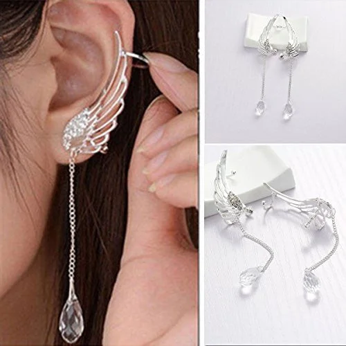 Dainty Silver Earrings-Sexy Sparkles Angel Wing Ear Cuff Clip On Stud Wrap Earrings Tassel With Clear Rhinestones