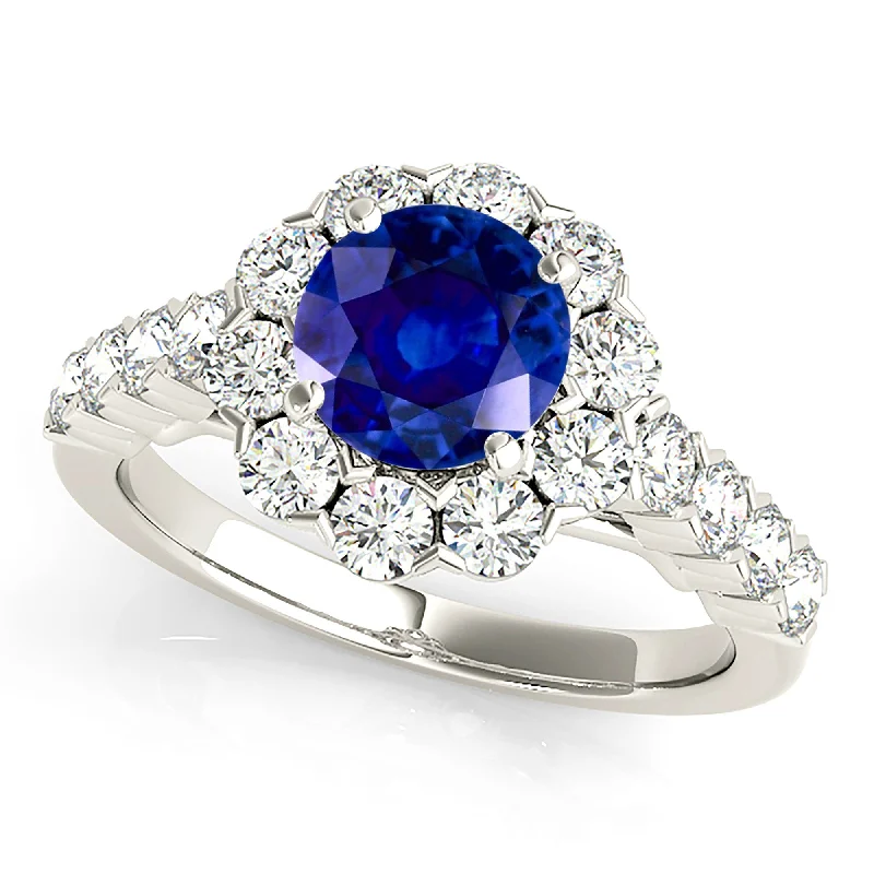 Trendy Silver Ring-1.35 ct. Genuine Blue Sapphire Ring With Floral Halo style