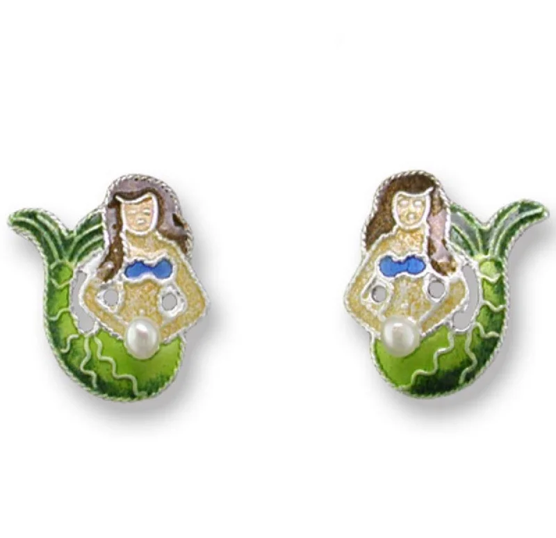 Luxury Diamond Earrings-Mermaid Sterling & Enamel Post Earrings