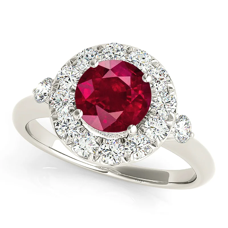 Elegant Rose Gold Ring-1.35 ct. Genuine Ruby Ring With Halo And Side Accent Diamonds