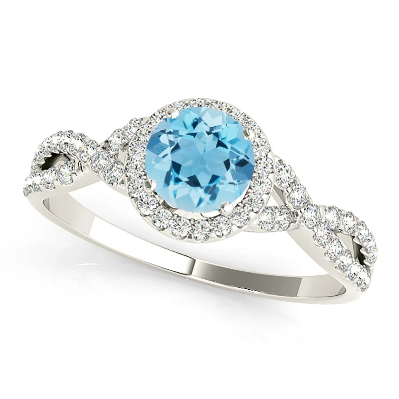 Custom Gold Wedding Ring-1.10 ct. Genuine Aquamarine Ring With  Halo And Delicate Diamond Twist Band