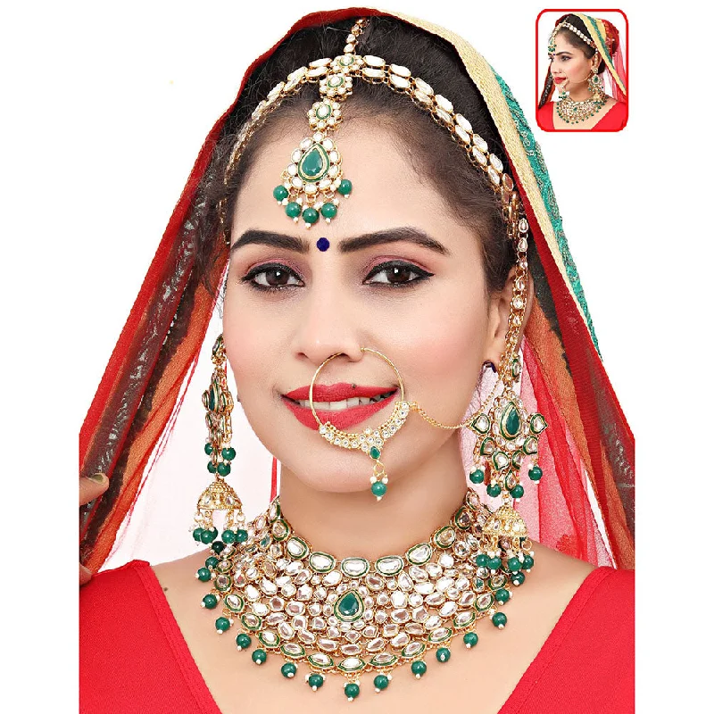 Silver and Pearl Necklace-Neetu Art Gold Plated Kundan Stone And Beads Semi Bridal Necklace Set