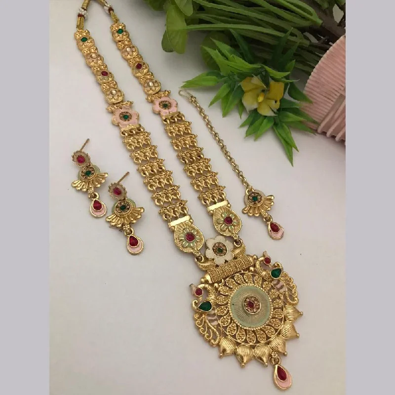 Gold Statement Necklace-FS Collection Gold Plated Kundan Stone Long Necklace Set