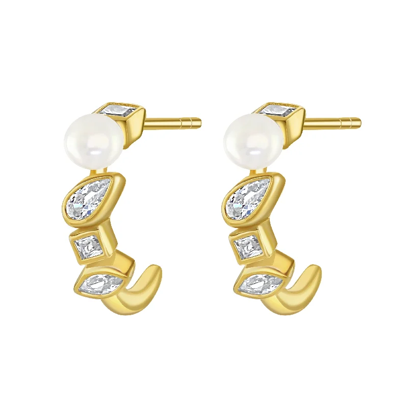 Long Gold Earrings-Gold Vermeil Pearl Cubic Zirconia Drop Stud Earrings