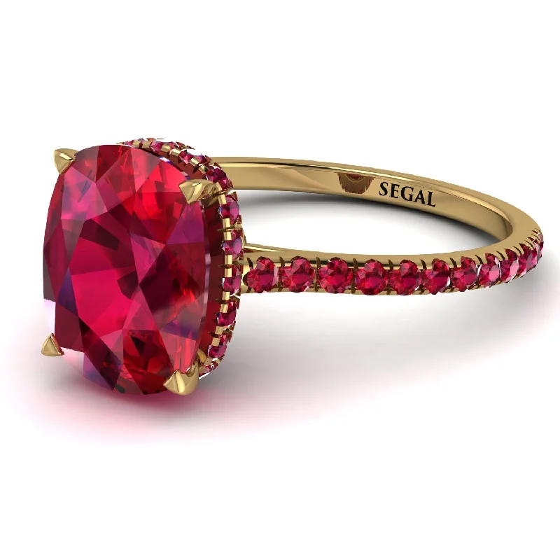 Men's Gold Ring-Hidden Halo Cushion Ruby Ring - Alayna No. 55