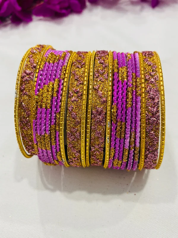 Gold Bangles for Women-Attractive Pink Color With Gold Metal Bangle Set For Women