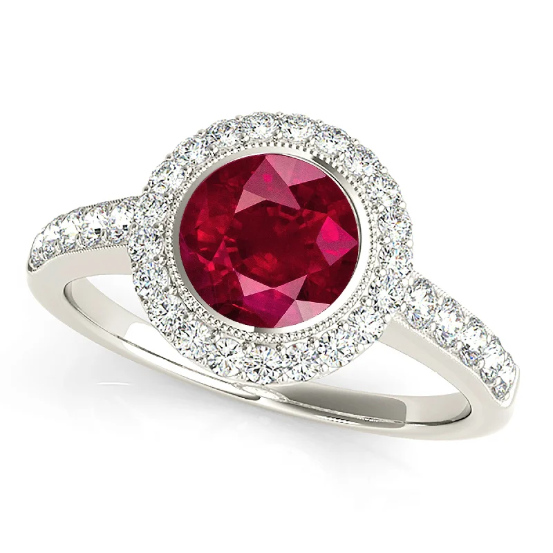 Retro Vintage Ring-1.35 ct. Genuine Ruby Ring With Milgrain Halo And Delicate Diamond Band