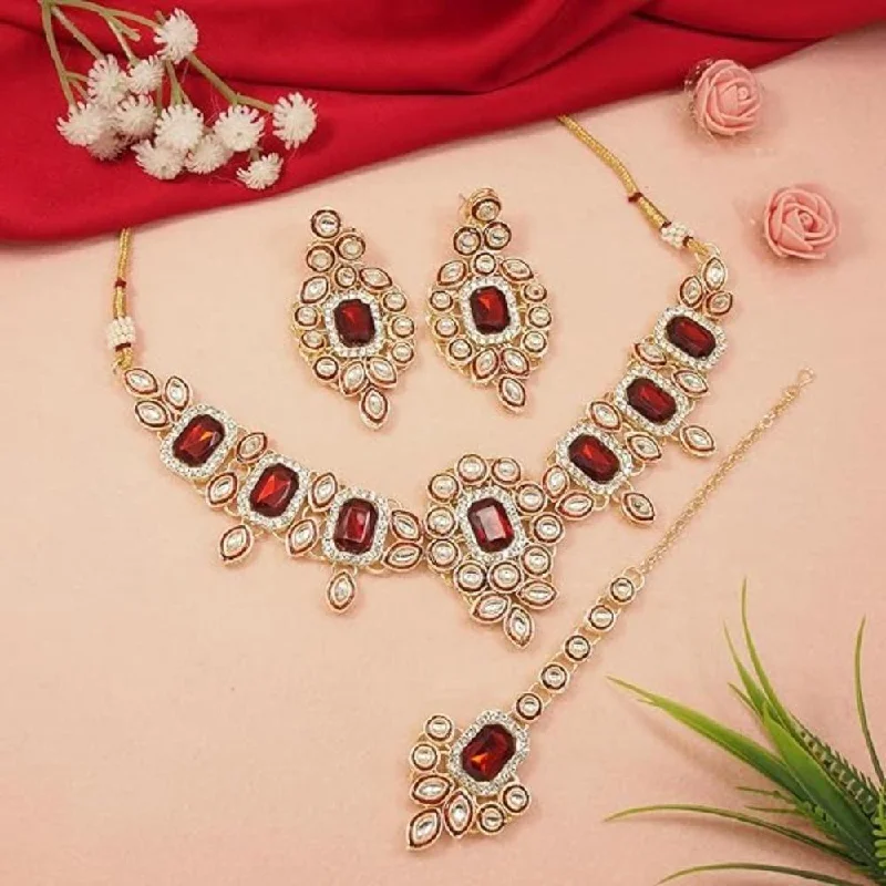 Long Dangle Necklace-Etnico Gold Plated Traditional Kundan & Stone Studded Choker Necklace Jewellery with Earrings & Maang Tikka Set for Women (IJ359) (Maroon-1)