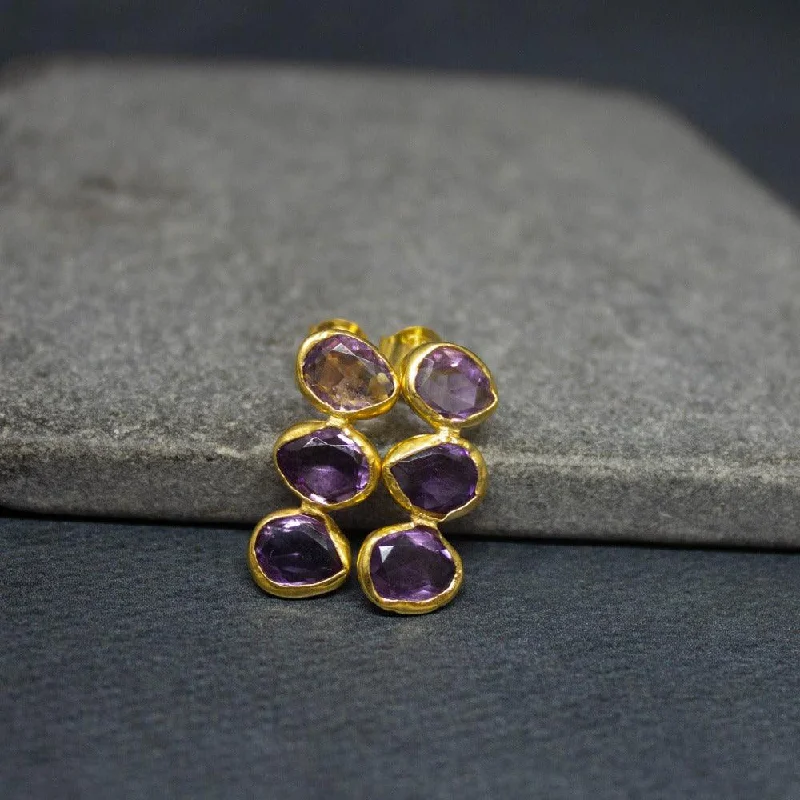 Rainbow Gem Earrings-Gold Triple Faceted Amethyst Organic Stud Earrings