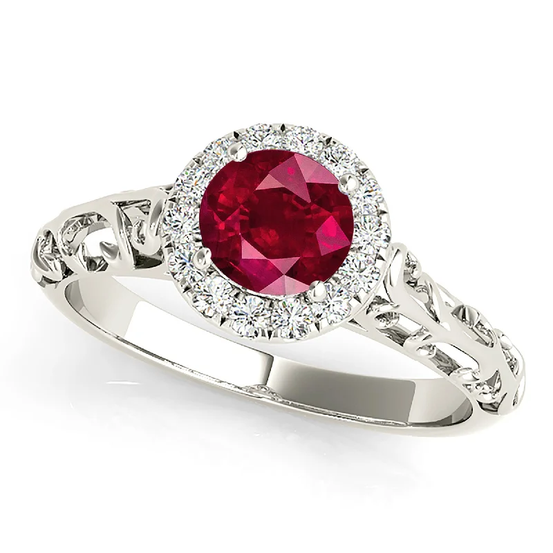 Two-Tone Gold Ring-1.15 ct. Genuine Ruby Ring With Halo , Hand Caved Filigree Fancy Band