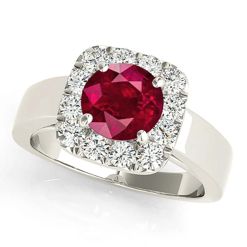 Luxury White Gold Ring-2.35 ct. Genuine Ruby Ring With Cushion Halo and Solid Gold Solitaire Band