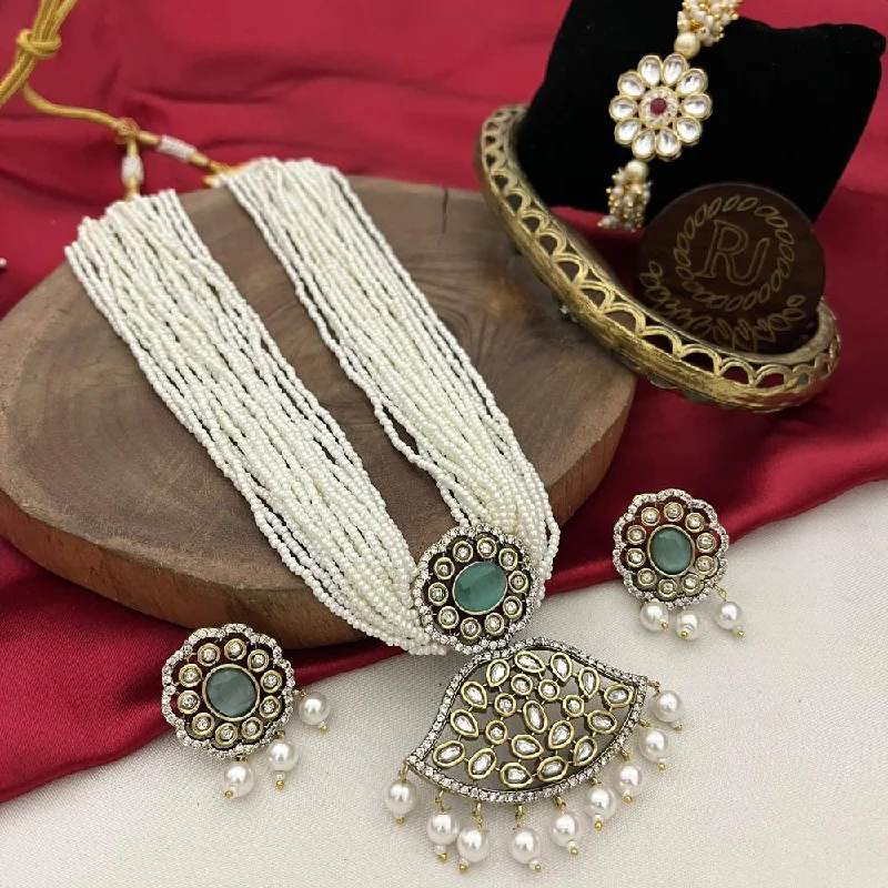 Retro Style Necklace-FS Collection Silver Plated Gold Plated Kundan Stone And Pearls Necklace Set