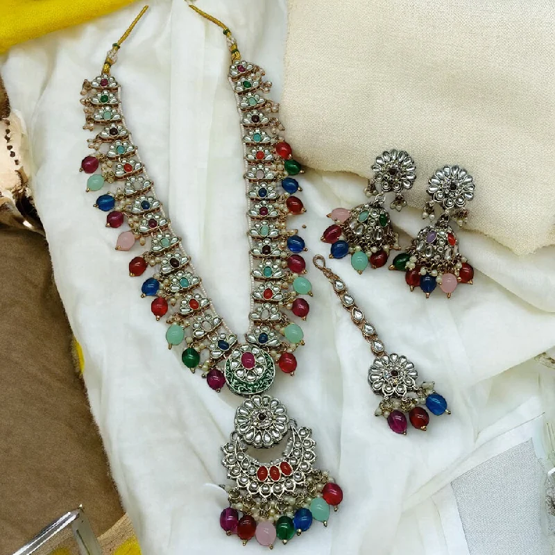 Artistic Necklace for Women-Gehana Mahal Gold Plated Kundan Stone And Meenakari Long Necklace Set