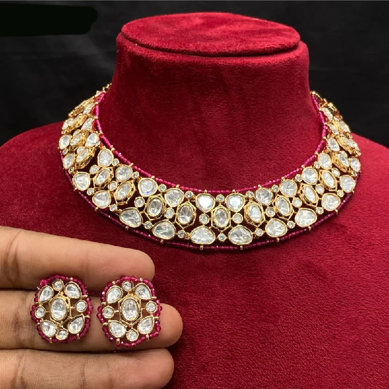 Trendy Gold Pendant Necklace-Royal Kundan Jewellery Gold Plated Polki Kundan Necklace Set