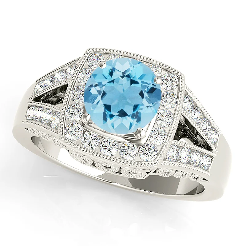 Classic Silver Wedding Band-1.65 ct. Genuine Aquamarine Ring With Cushion Halo And Fancy Filigree Diamond