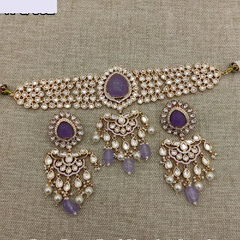 Birthstone Necklace for Mom-Royal Kundan Jewellery Gold Plated Polki Kundan Stone Beads And Meenakari Choker Necklace Set