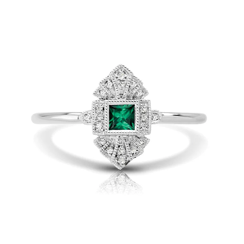 Personalized Promise Ring-Vintage Inspired 0.15 ct. Natural Princess Cut Emerald Ring