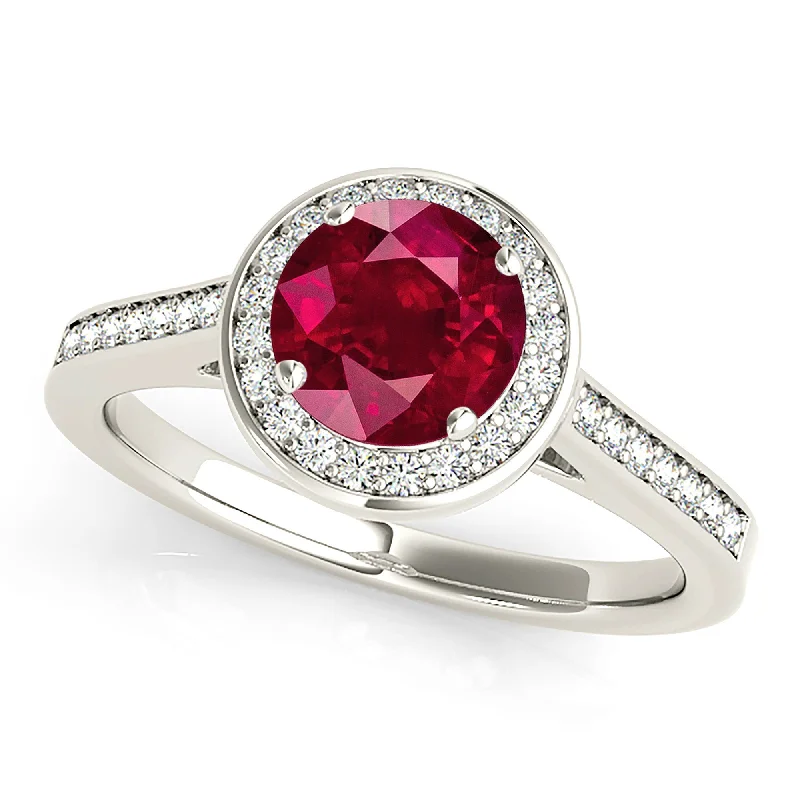 Classic Gold Ring with Diamonds-1.35 ct. Genuine Ruby Ring With Halo, Delicate Diamond Band