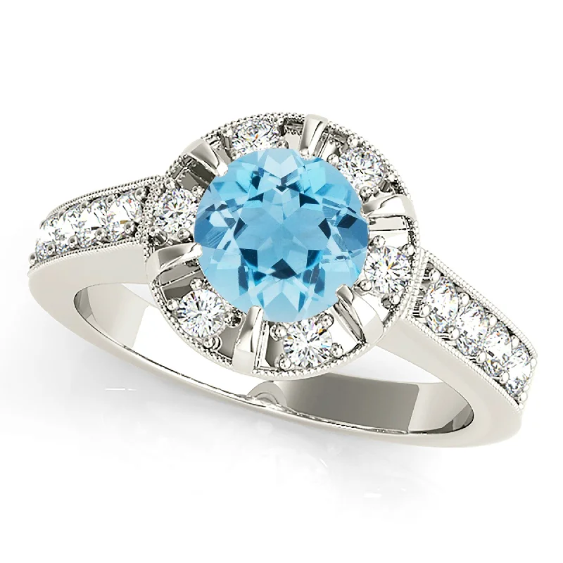 Classic Wedding Ring-1.65 ct. Genuine Aquamarine Ring Halo, Milgrain Design Diamond Band