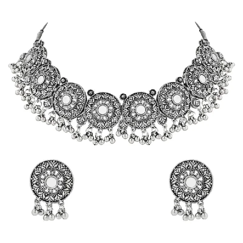 Elegant CZ Necklace-Etnico Ethnic Silver Oxidized Traditional Afghani Choker Necklace Jewellery Set for Women (MC140OX)