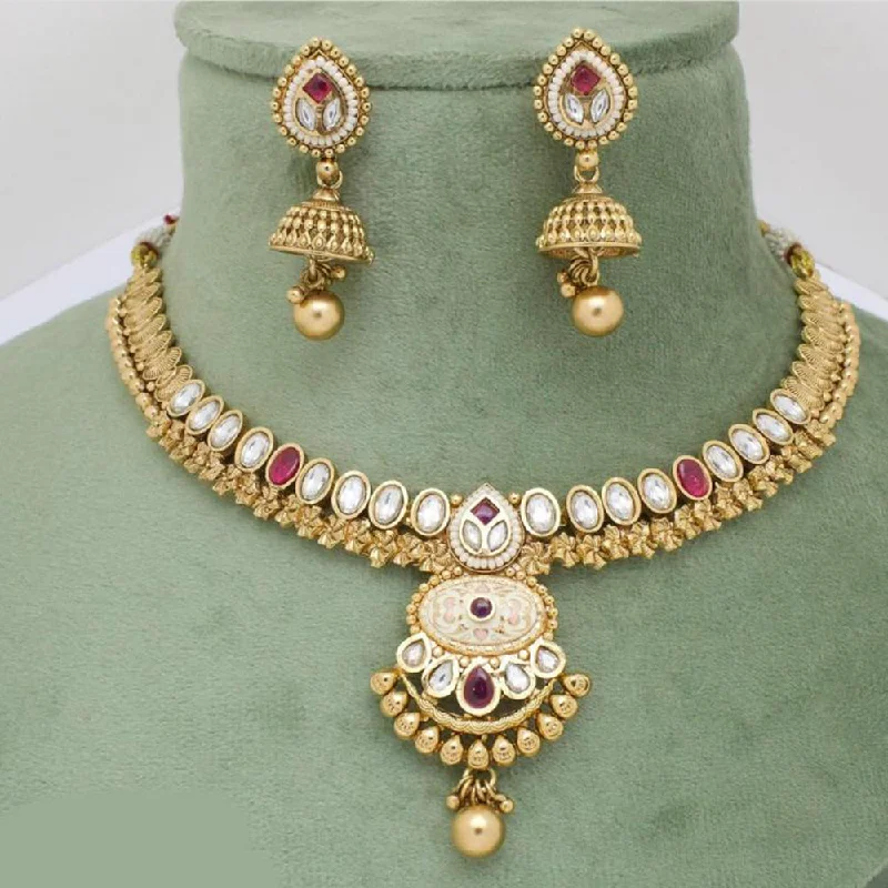 Gold Choker Necklace-Manisha Jewellery Gold Plated Pota Stone And Beads Meenakari Necklace Set