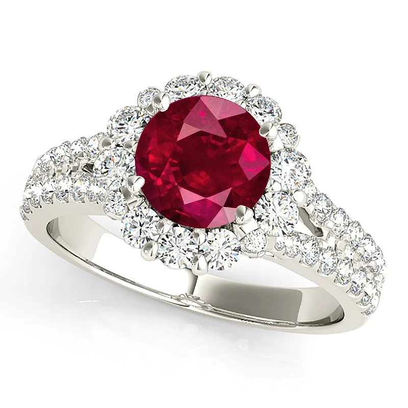 Custom Initial Ring-1.80  ct. Genuine Ruby Ring With Floral Halo And Small V Split Shank