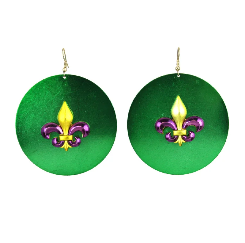 Textured Gold Earrings-Mardi Gras Fleur De Lis Earrings Green