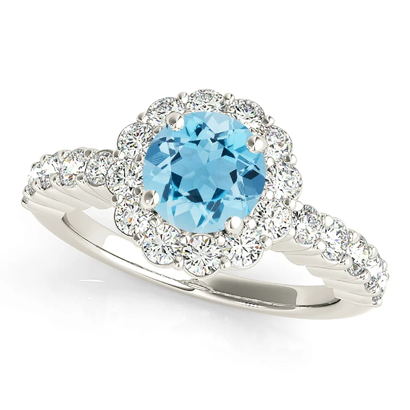 Personalized Silver Engagement Ring-1.10 ct. Genuine Aquamarine Ring Floral Halo Style