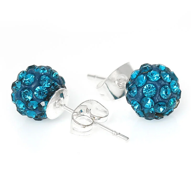 Turquoise Earrings-December Birthstone 8mm Rhinestones Crystal Fireball Disco Ball Pave Bead Stud Earrings