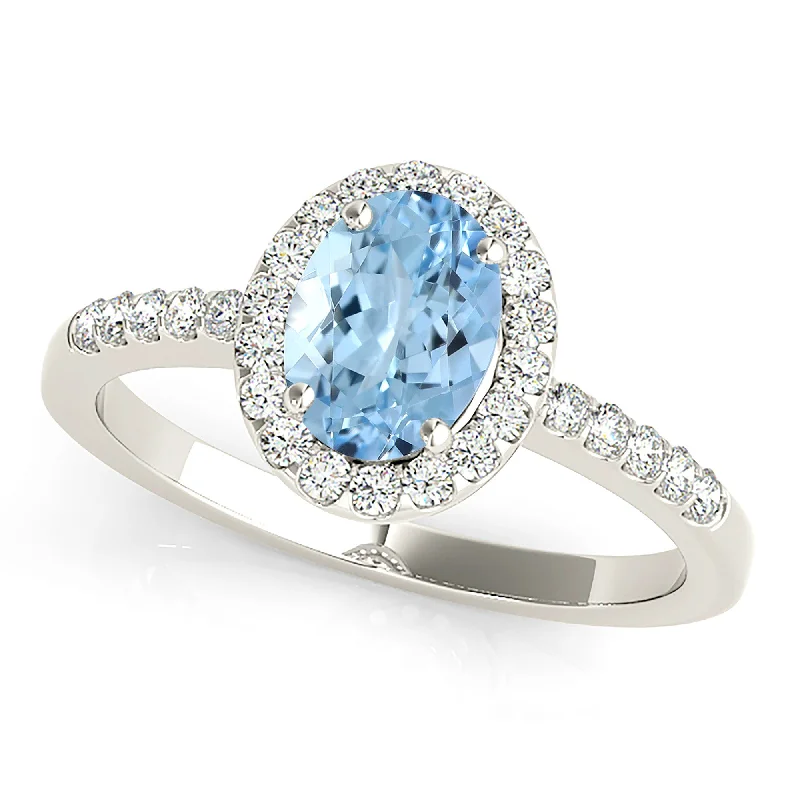 Personalized Birthstone Ring-1.30 ct. Genuine Oval Aquamarine Ring With Halo and Dainty Diamond Band